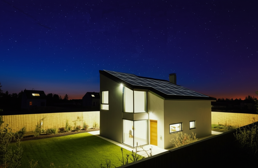 Casa iluminada con paneles solares durante un apagón